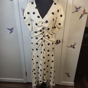 NWT New Day Poka Dot Ruched Puff Sleeve Midi Dress Cream Size: M